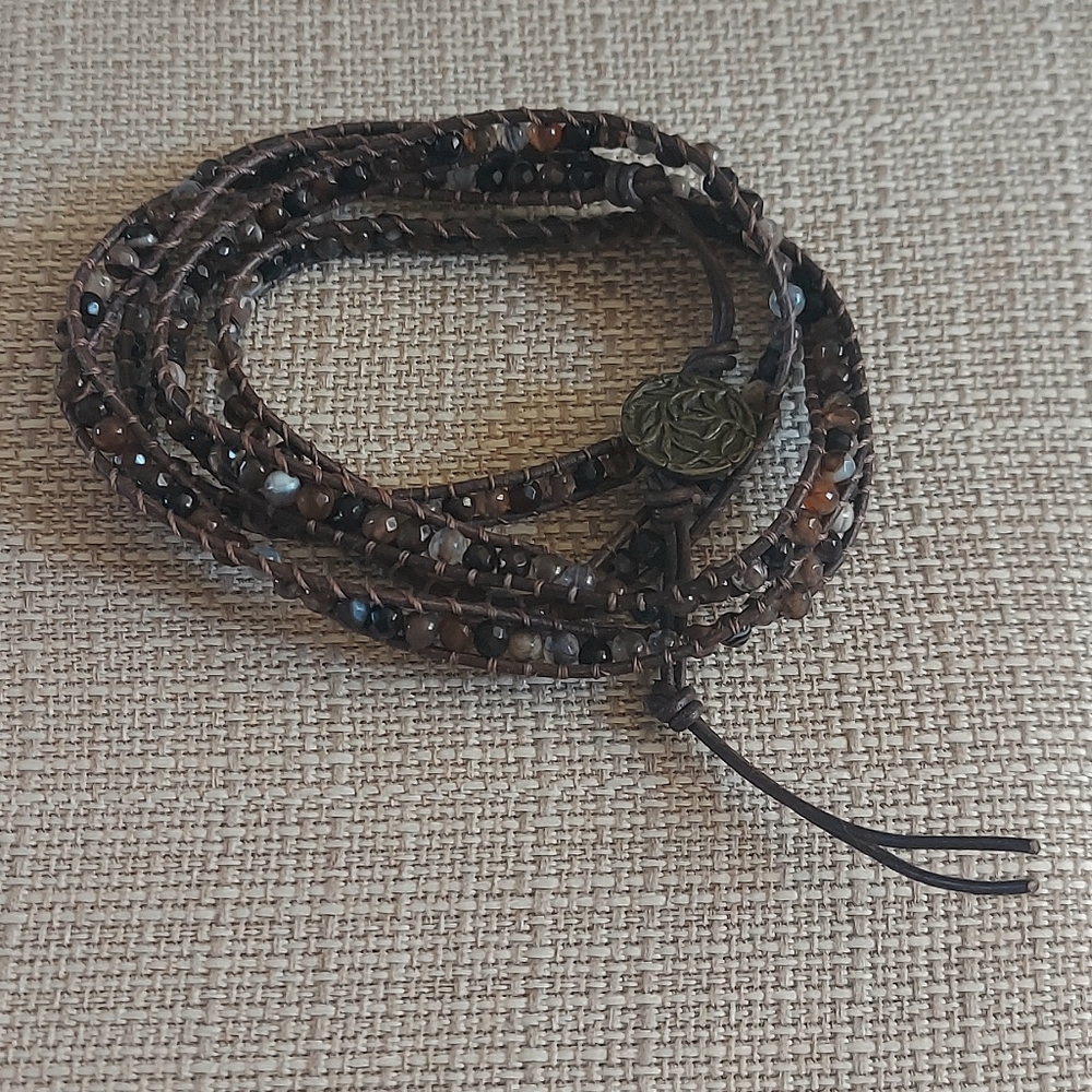 Handmade Neutral Colored Bead & Brown Leather Wrap Bracelet